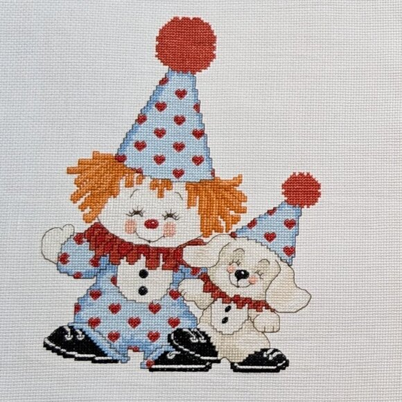 Lot of 2 Counted Cross Stitch Completed Not Framed; Playful Child Clowns; 8 x 10 - Picture 2 of 4